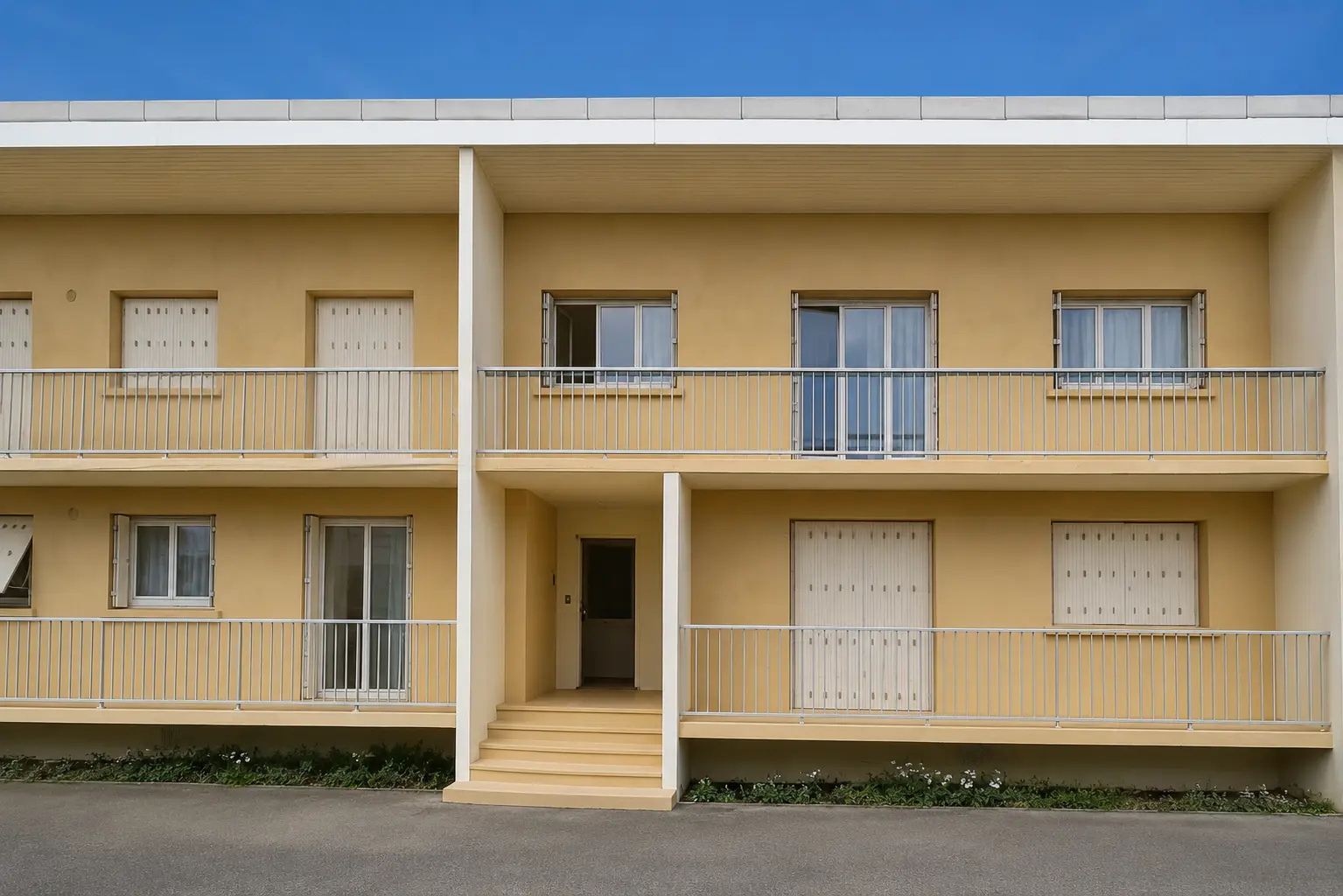 Façade repeinte en jaune sable après ravalement complet par Jessy Metz Rénovation